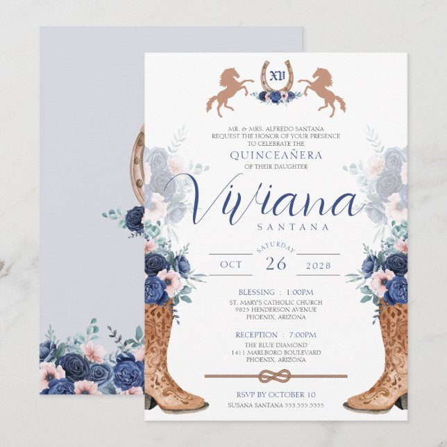 Invitación El Oeste Rosa Azul De La Marina Bota A Charra Quin (Anverso / Reverso)