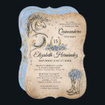 Invitación El oro azul claro Quinceanera Rústico de Caballo C<br><div class="desc">¿Desea crear sus propias invitaciones únicas a fiestas con temas de color azul y oro para una vaquera de 16 cumpleaños / quinceañera occidental (XV), boda de cuento de hadas u otro gran día? Hágalo en estas invitaciones de quinceañera de caballo de ranchera rústica personalizadas usando una hermosa plantilla de...</div>