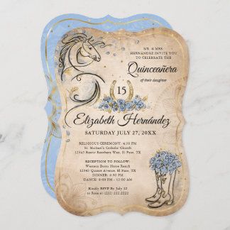 Invitación El oro azul claro Quinceanera Rústico de Caballo C