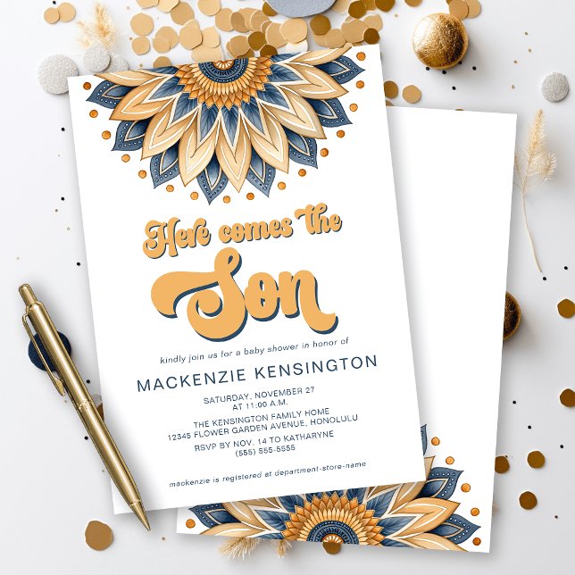 Invitación El oro azul llega al Baby Shower del hijo (Here comes the SON - cute navy blue and gold sunflower sunshine baby shower invitation)