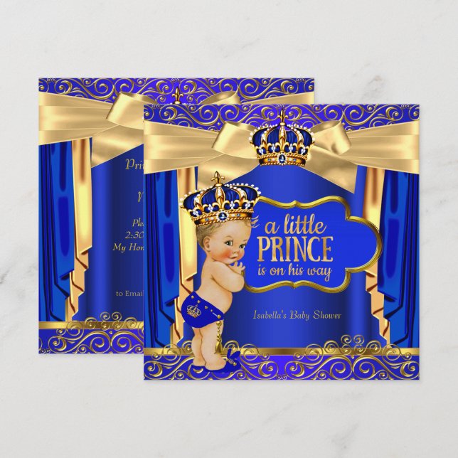 Invitación El oro azul real del príncipe Baby Shower (Anverso / Reverso)