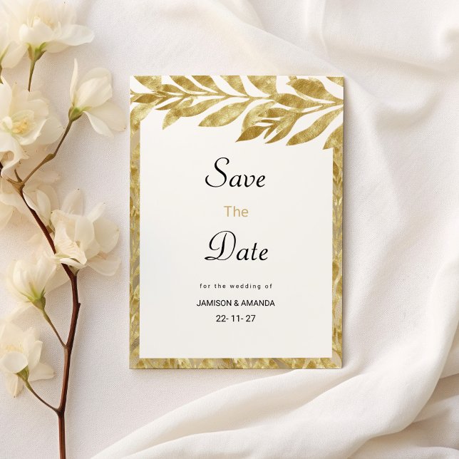 Invitación El oro blanco deja la elegancia floral Guardar la  (White gold leaves elegance floral Save The Date )