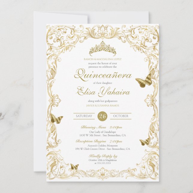Invitación El oro blanco elegante barroco Regal Quinceanera (Anverso)