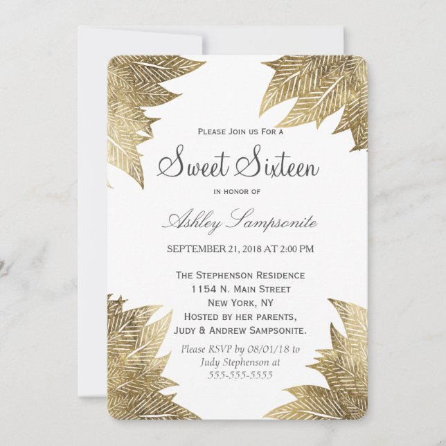 Invitación El oro blanco moderno deja dulce 16 (Anverso)