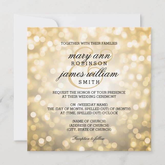 Invitación El oro Bokeh enciende la boda elegante (Anverso)