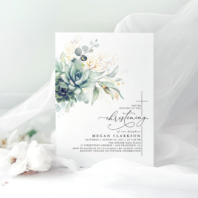 Invitación El oro de la exuberante vegetación deja una elegan (Succulents Greenery Christening Invitations)