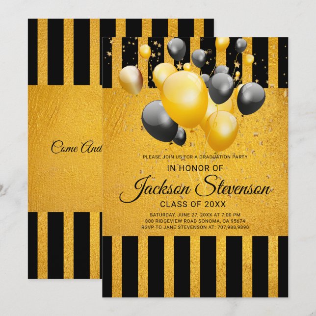 Invitación El oro de la fiesta de graduación en negro (Anverso / Reverso)