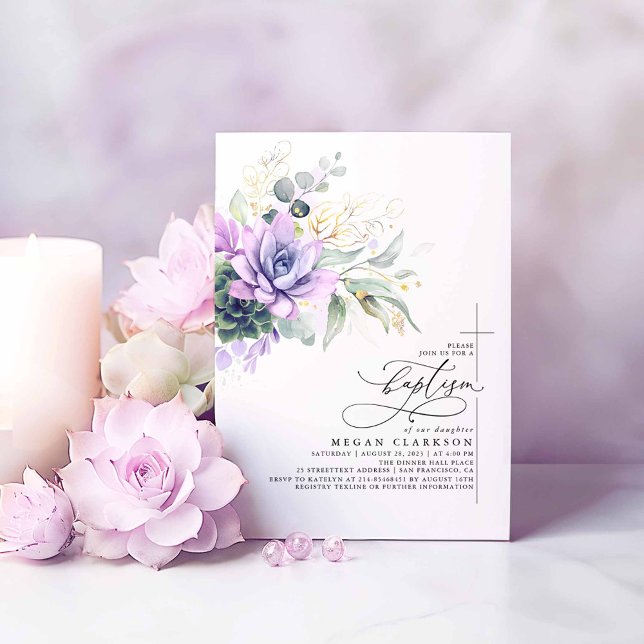 Invitación El oro de la vegetación de los suculentos deja un  (Purple Succulents Greenery Baptism Invitations)