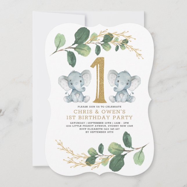 Invitación El oro de la vegetación elefante gemelo 1 cumpleañ (Anverso)