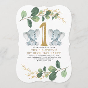 Invitación El oro de la vegetación elefante gemelo 1 cumpleañ