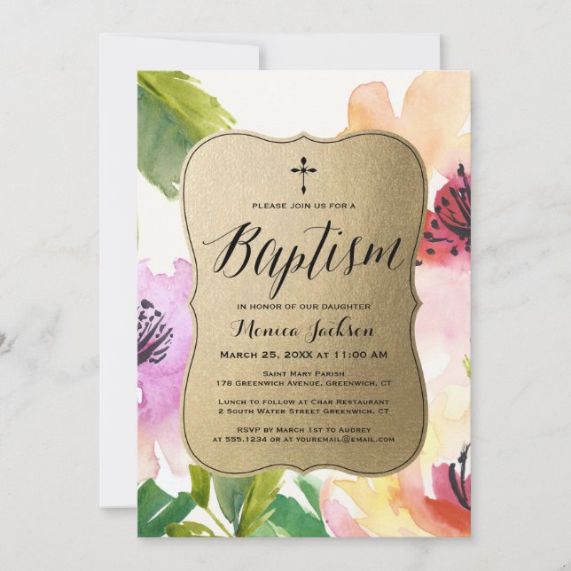 Invitación El oro de las flores elegantes | Bautismo (Anverso)