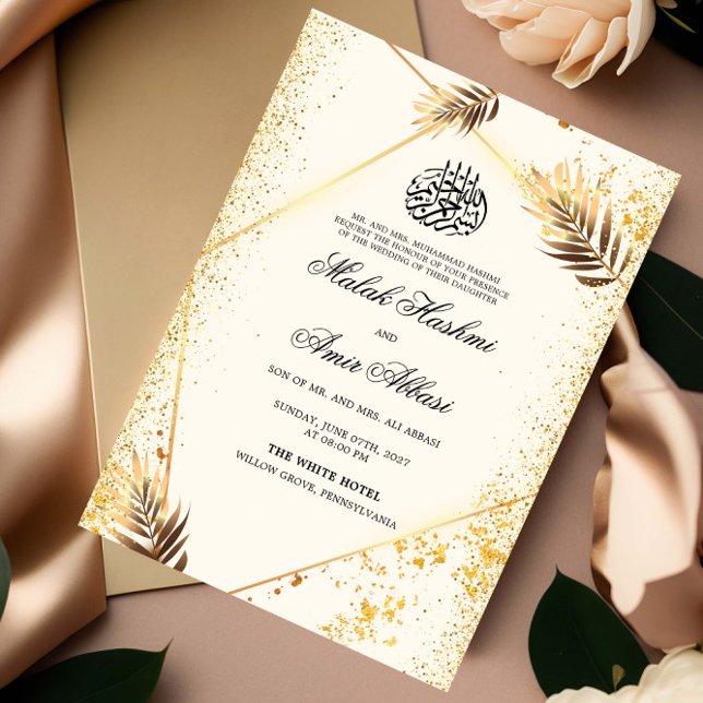 Invitación El oro de lujo deja al Boda musulmán islámico (Subido por el creador)