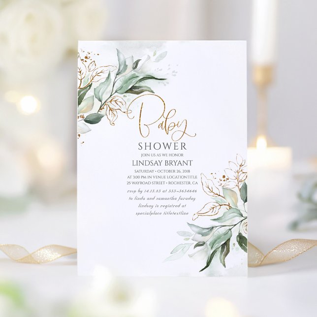 Invitación El oro deja a Eucalyptus Greenery Cute Baby Shower (Elegant Greenery Baby Shower Invitation)