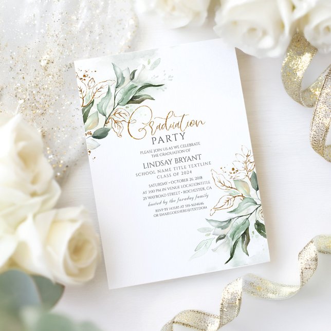 Invitación El oro deja a Eucalyptus la vegetación cuta la gra (Boho Greenery Graduation Party Invitation)