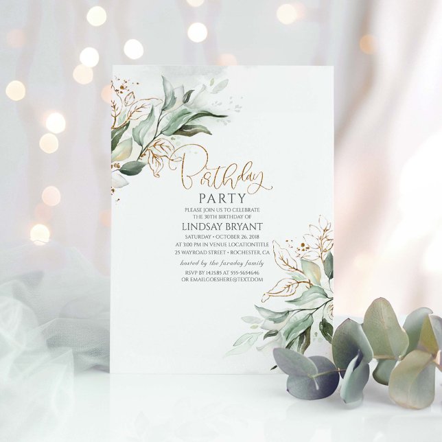 Invitación El oro deja a Eucalyptus la vegetación lindo cumpl (Greenery Birthday Invitation)