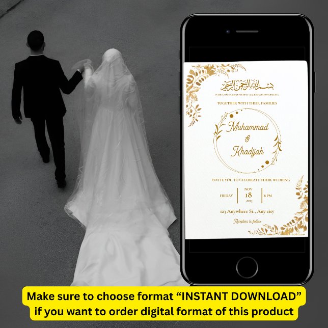Invitación El oro deja al Boda musulmán ordenado Nikah Walima (Subido por el creador)
