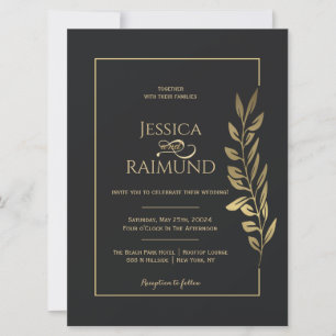 Invitación El oro deja al Boda negro moderno