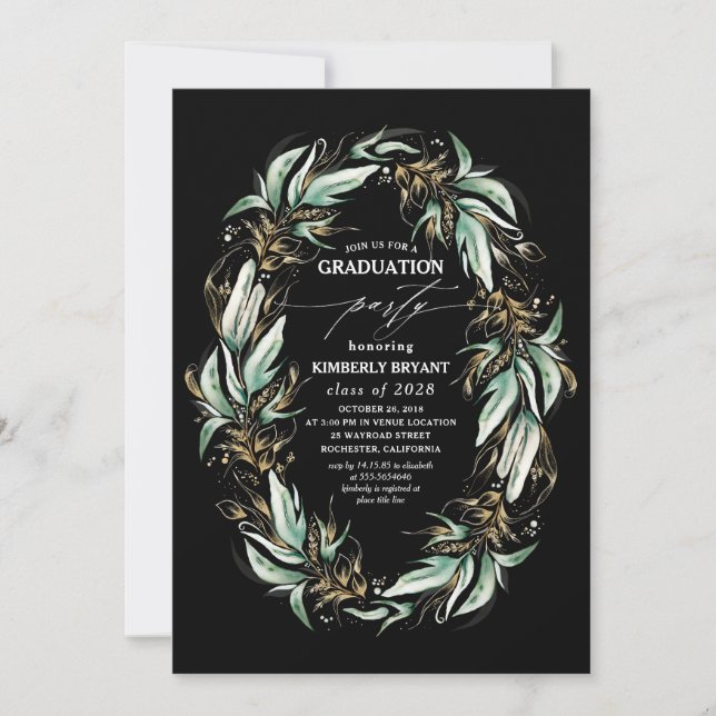 Invitación El oro deja la vegetación Wreath Black Graduation (Anverso)