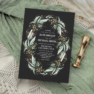Invitación El oro deja la vegetación Wreath Boda moderno negr