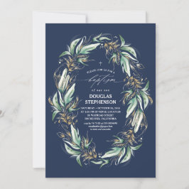 Invitación El oro deja la vegetación Wreath Navy el bautismo 