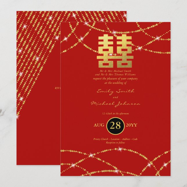 Invitación El oro del Boda chino ilumina la doble felicidad (Anverso / Reverso)