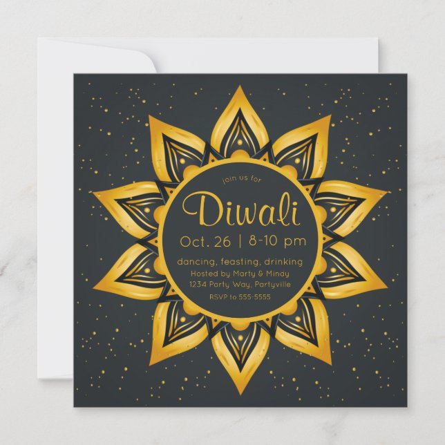 Invitación El oro Diwali y las llamas de la diya negra (Anverso)