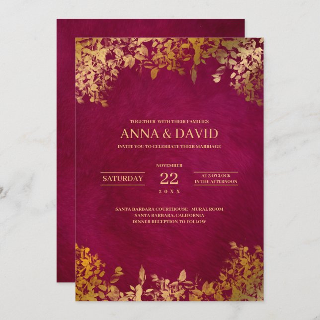 Invitación El oro elegante deja al Boda de Borgoña (Anverso / Reverso)