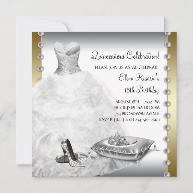 Invitación El oro elegante y la quinceañera blanca (Anverso)