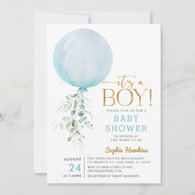Invitación El oro es el Baby Shower de un niño globo azul (Anverso)