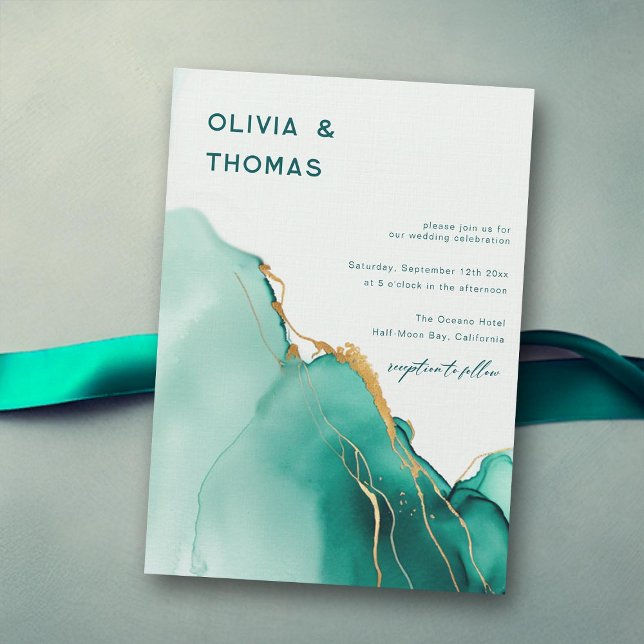 Invitación El oro esmeralda moderno Romántico Boho Beach Wedd (emerald green gold modern wedding invitation romantic beach waves elegant bohemian chic luxury boho)