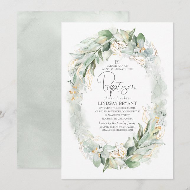 Invitación El oro Eucalyptus Greenerenery Wreath Boho Baptism (Anverso / Reverso)