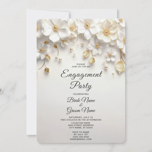 Invitación El oro floral blanco marfil deja compromiso (Anverso)