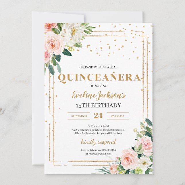 Invitación El oro floral rosa de boho choca con quinceanera (Anverso)