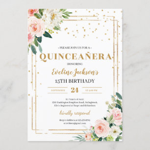 Invitación El oro floral rosa de boho choca con quinceanera