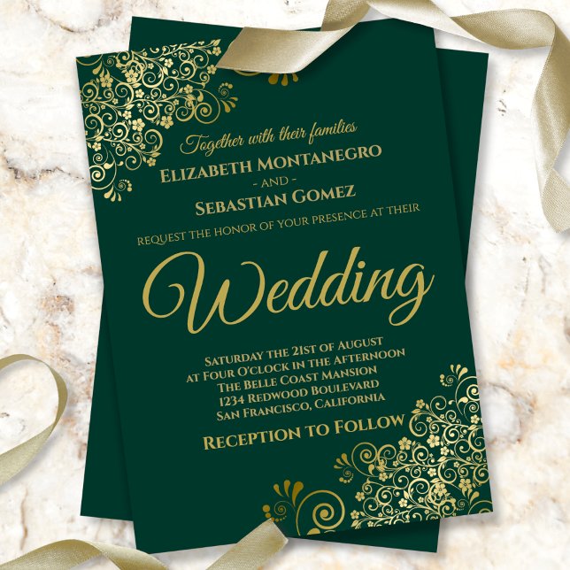 Invitación El oro frita la Moda simple Boda verde esmeralda (Subido por el creador)