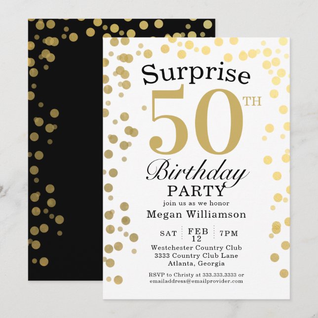 Invitación El oro moderno Confetti Black Surprise 50 cumpleañ (Anverso / Reverso)
