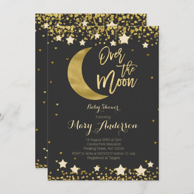 Invitación El oro negro sobre el Baby Shower lunar (Anverso / Reverso)