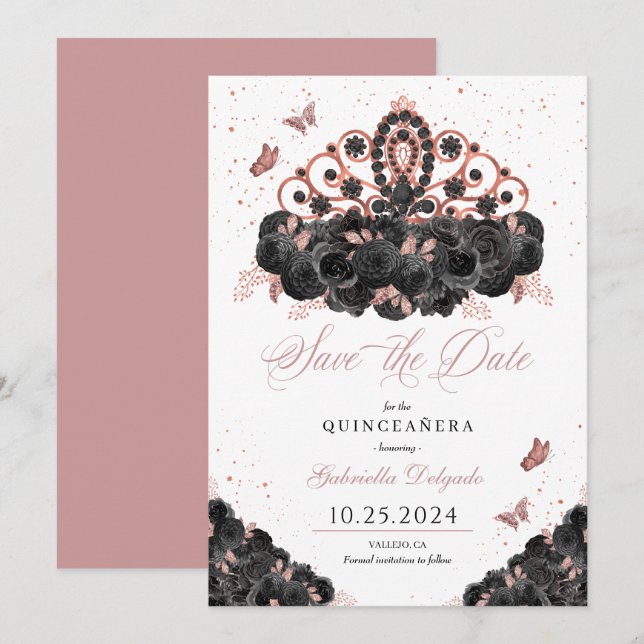 Invitación El oro negro y Rosa Tiara salva la fecha Quinceañe (Anverso / Reverso)
