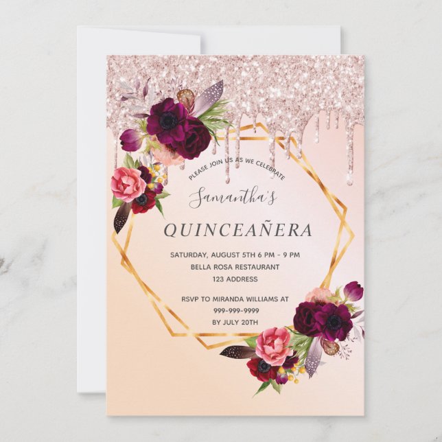 Invitación El oro rosa de Quinceanera gotea de burdeos floral (Anverso)