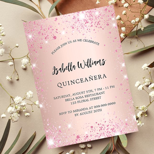 Invitación El oro rosa de Quinceanera rosa chispa de lujo (Subido por el creador)