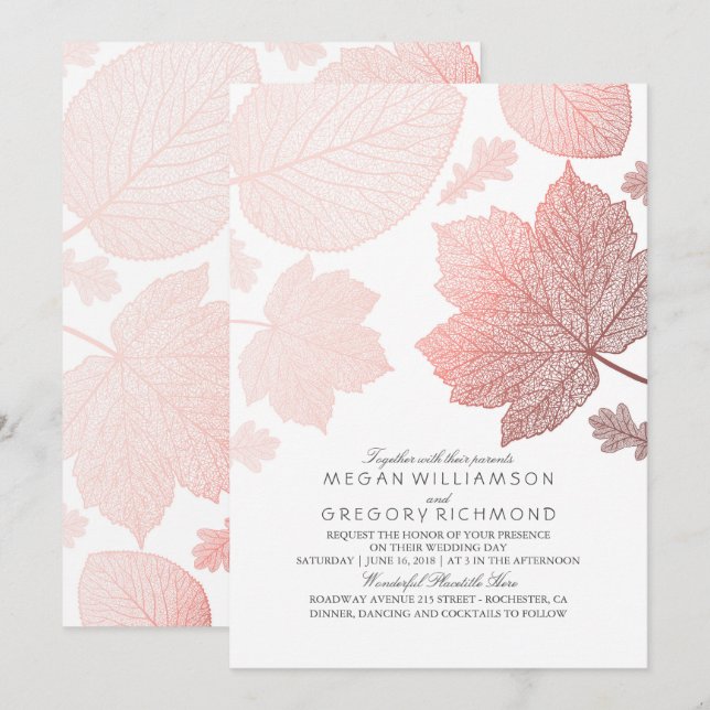 Invitación El oro Rosa deja elegante boda blanca de otoño (Anverso / Reverso)