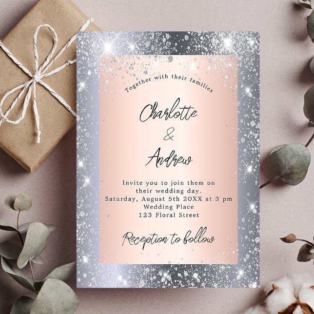 Invitación El oro rosa plateado enciende a elegante boda de l (Subido por el creador)