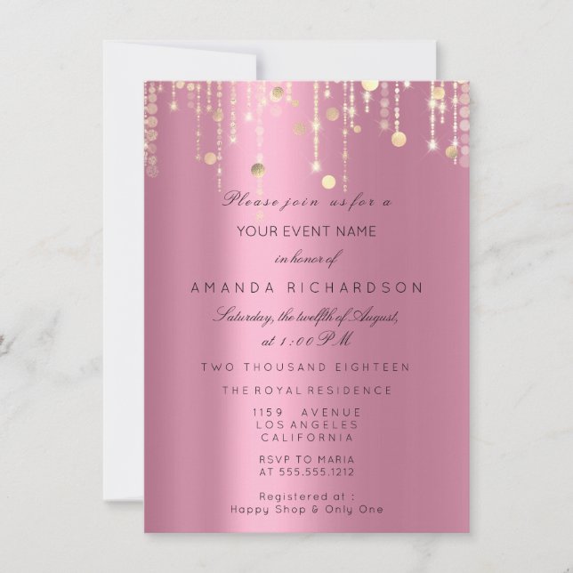 Invitación El oro rosado gotea en Confetti Cumpleaños de la n (Anverso)