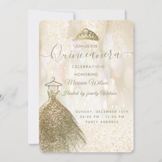 Invitación El oro secuela el vestido de bokeh tiara Quinceañe (Anverso)
