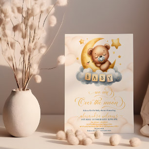 Invitación El oro sobre la luna Teddy Bear Baby Shower