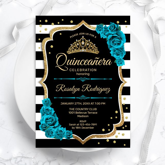 Invitación El oro verde azulado negro elegante Quinceanera (Subido por el creador)