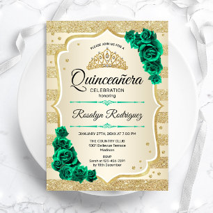 Invitación El oro verde esmeralda elegante floral Quinceanera