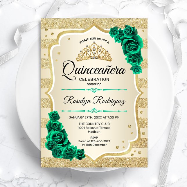 Invitación El oro verde esmeralda elegante floral Quinceanera (Subido por el creador)
