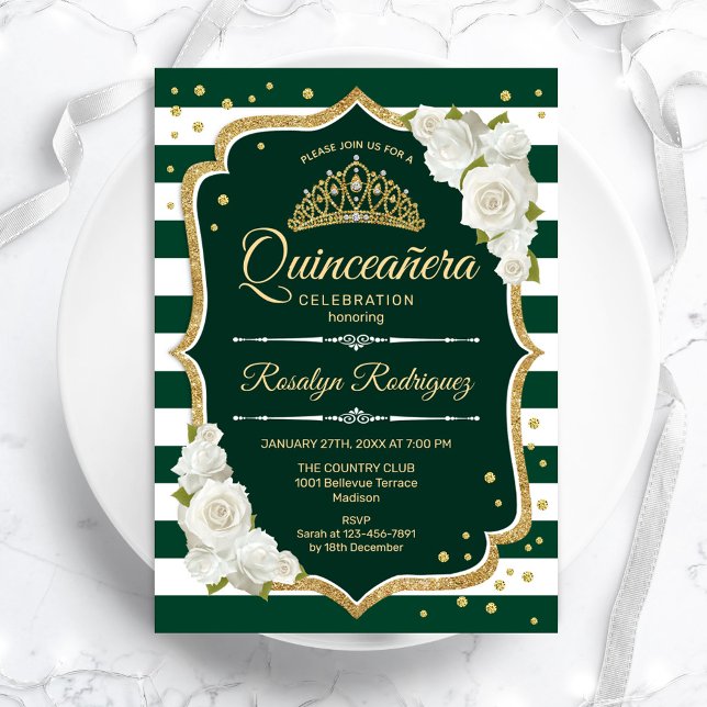 Invitación El oro verde esmeralda elegante Quinceanera (Subido por el creador)