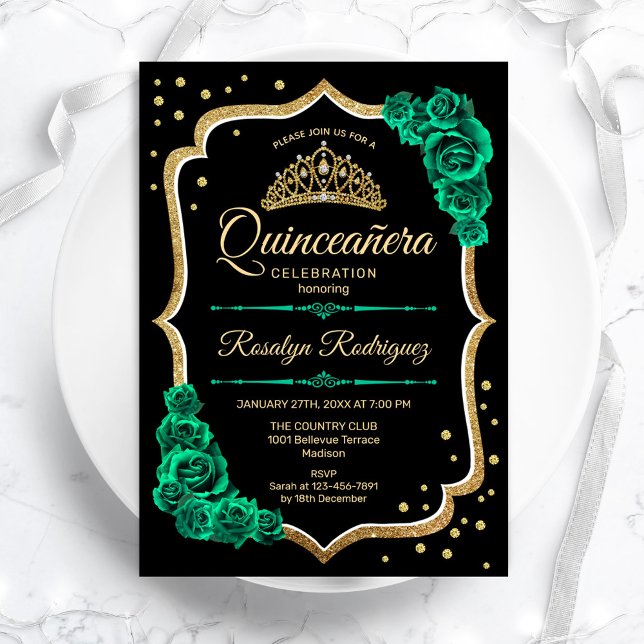Invitación El oro verde esmeralda negro elegante Quinceanera (Subido por el creador)